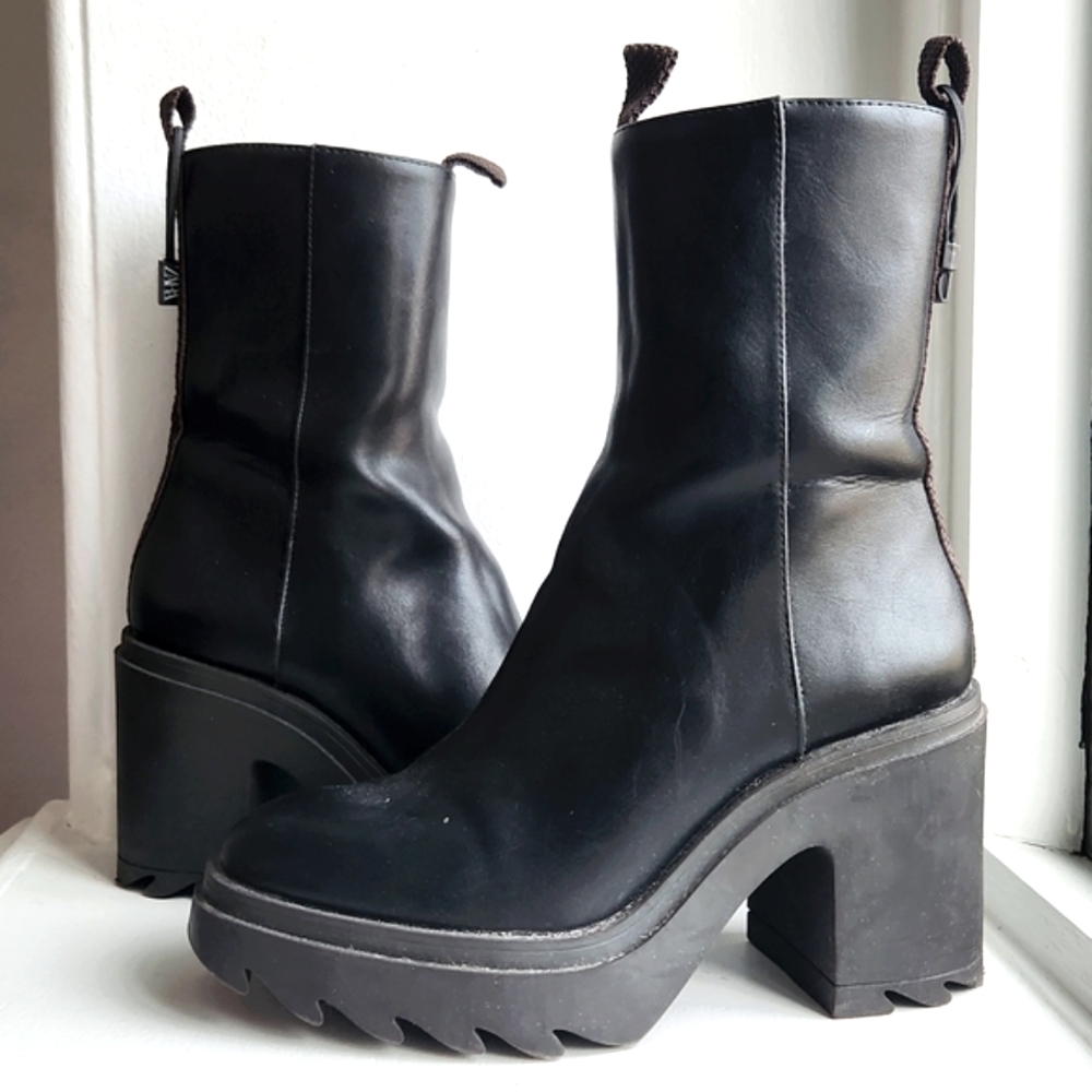 Zara Black Lug Sole Platform Heel Leather Boots